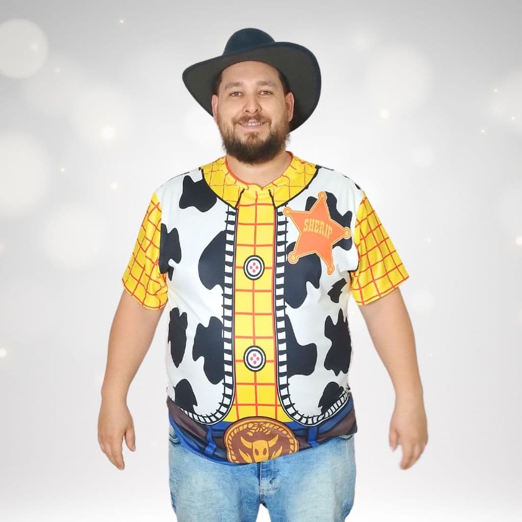 Camiseta Adulto Woody Toy Story Cosplay Xerife Fantasia Aniversário
