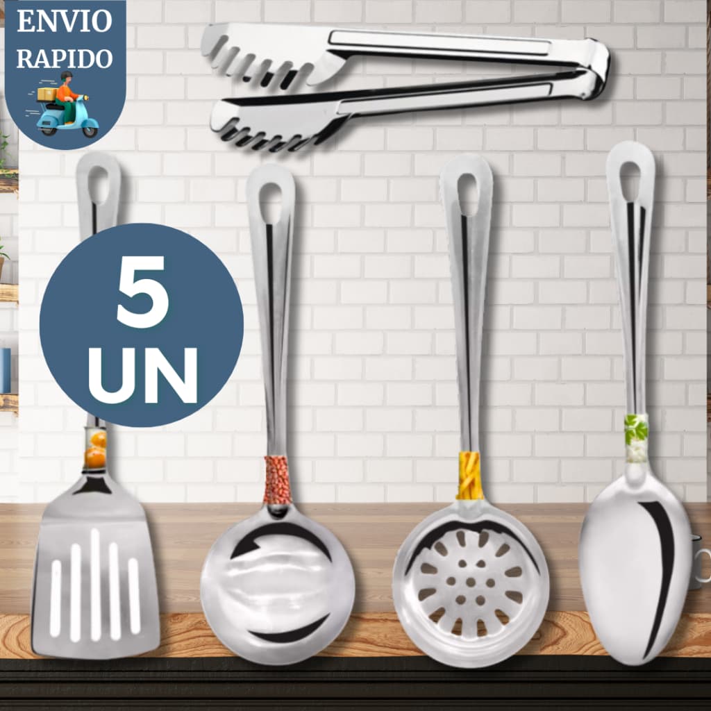 Kit 5 Utensilios Aço Inox Pegador Massas Colher Concha Espatula Escumadeira Enxoval Casa Cozinha