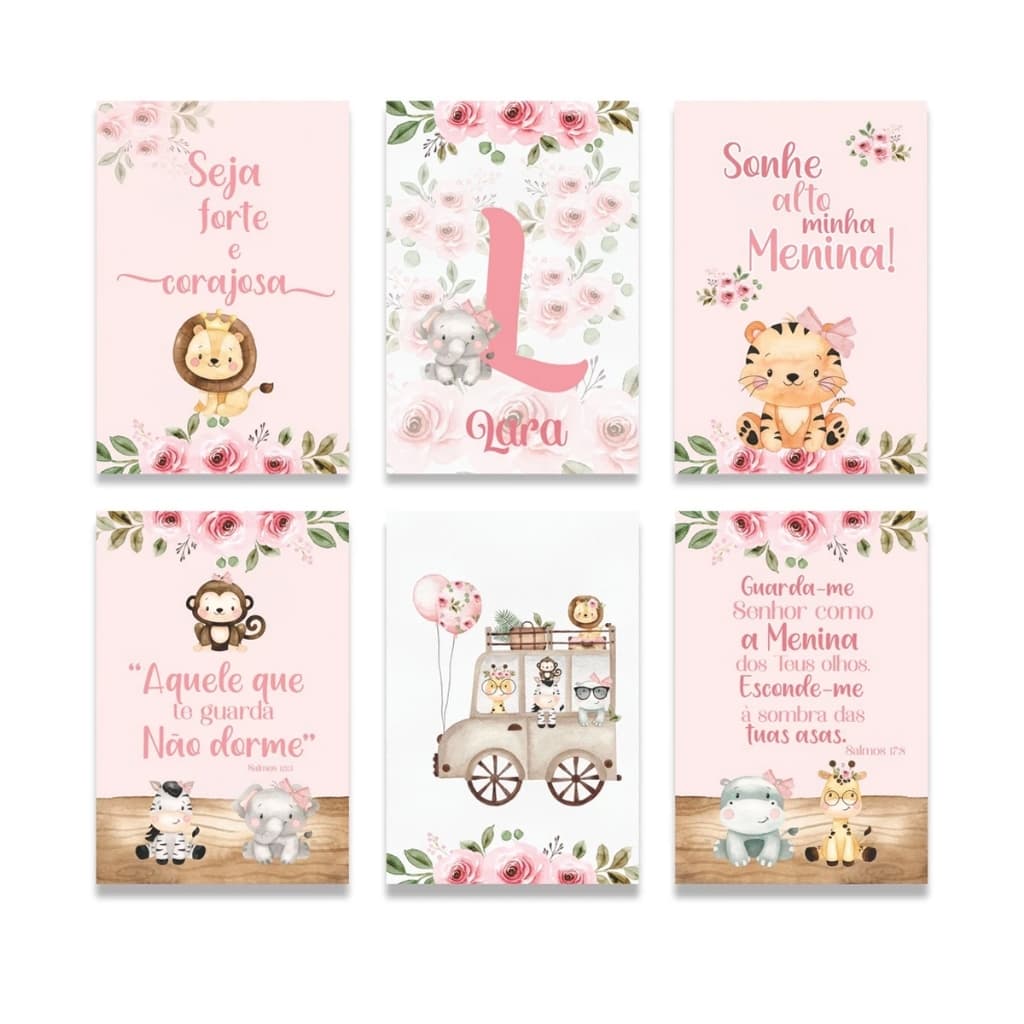 Quadros Decorativos Menina Bebê Safari Rosa Nome Quarto Infantil