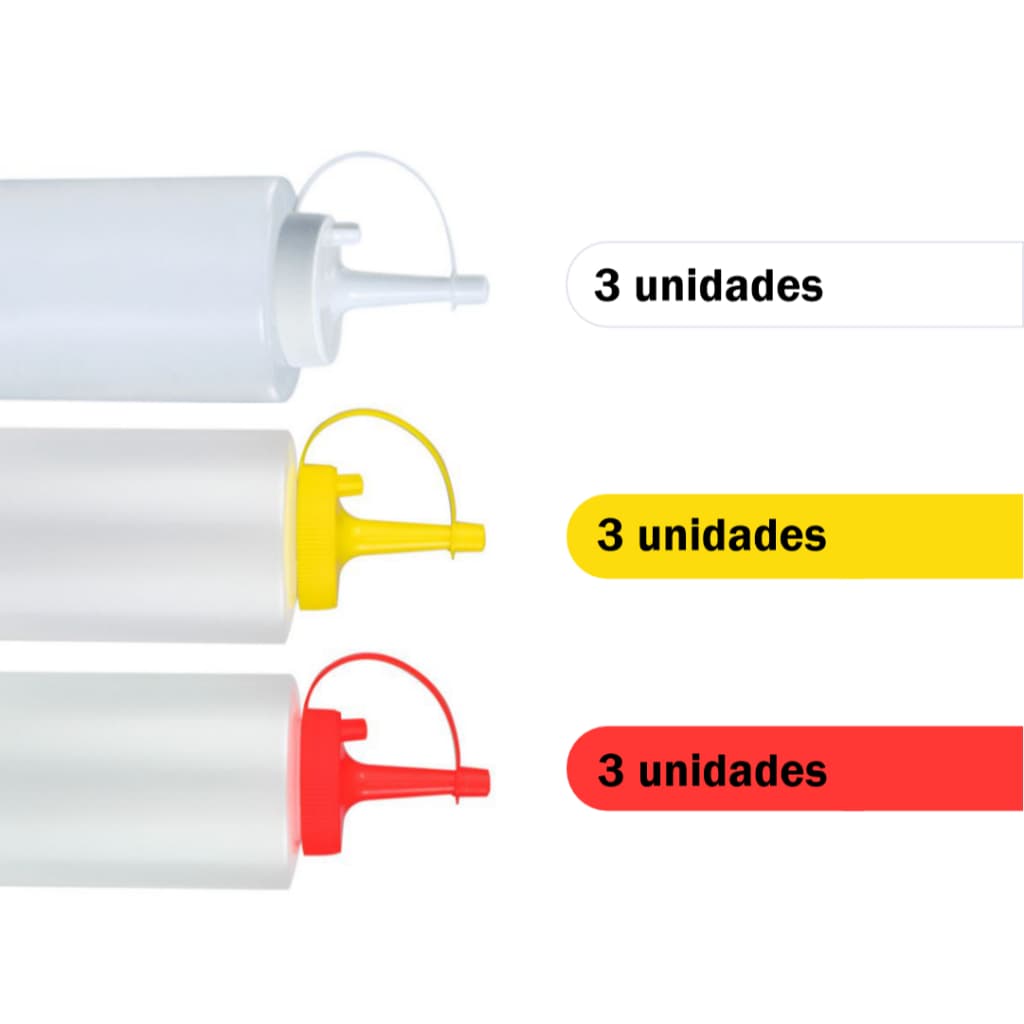 Bisnaga Flexível Kit c/ 9 unidades | Ketchup, Mostarda e Maionese  350, 600 ou 1000ml