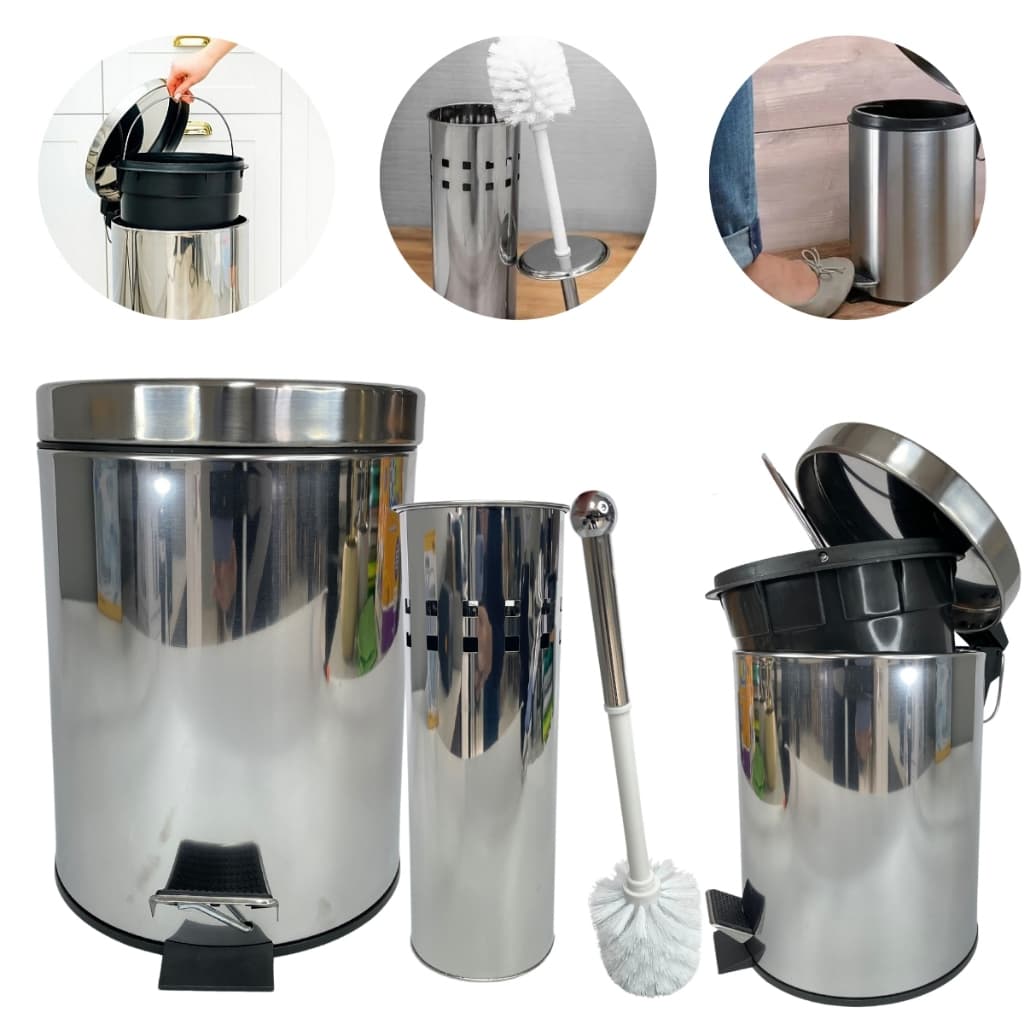 Lixeira 3 e 5 Litros com Pedal Escova Sanitaria Inox Kit Lixeira + Escovinha Banheiro