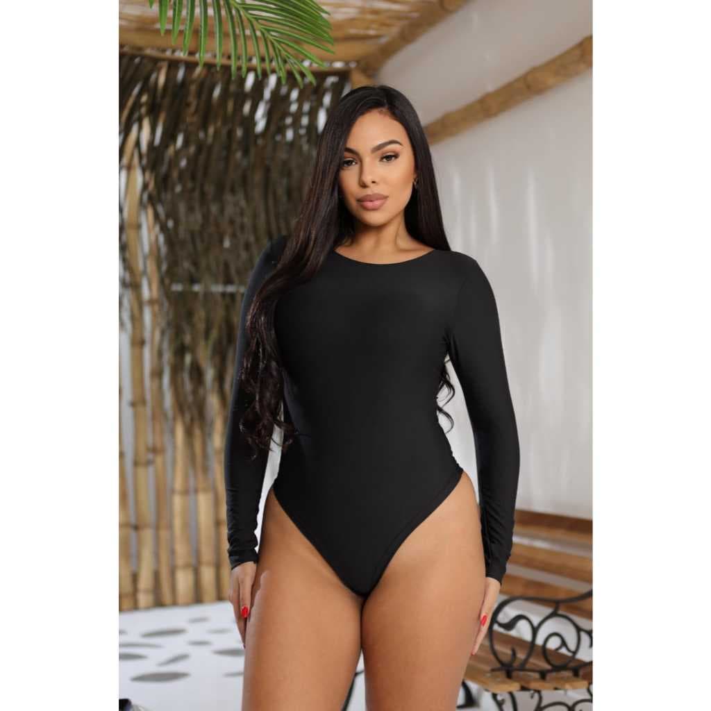 Body Feminino Costas Abertas Manga Longa Suplex