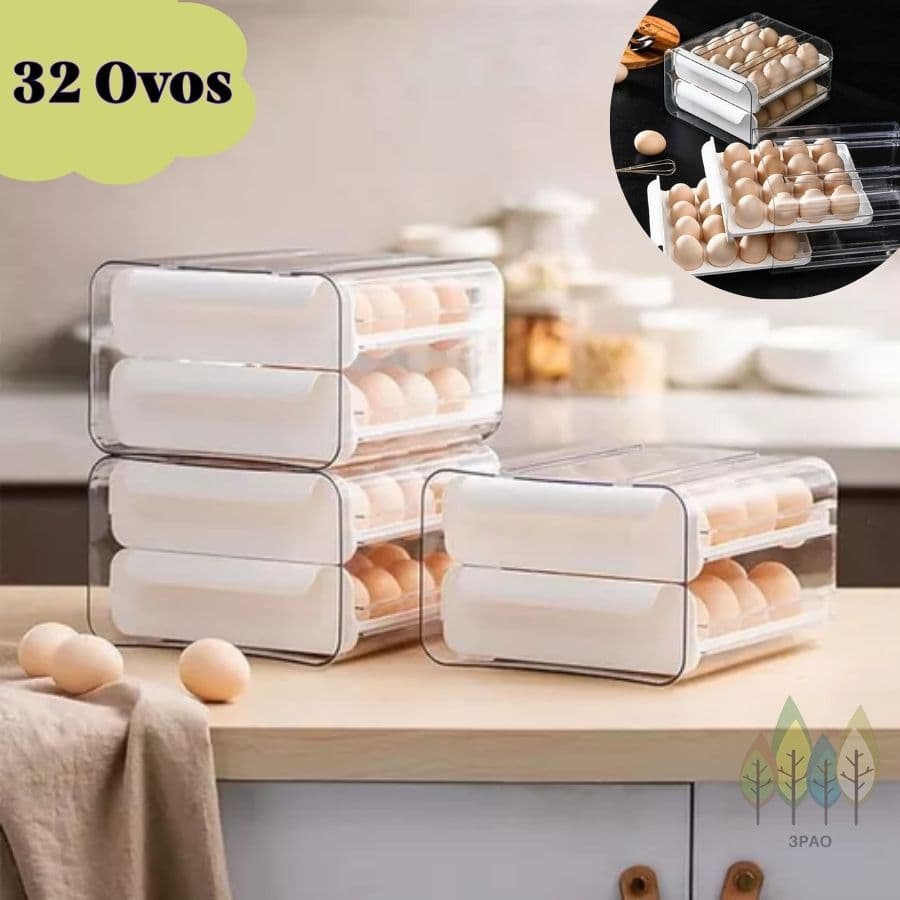 Gaveteiro Empilhável em Plástico Tipo Porta 32 Ovos para Cozinha Geladeira