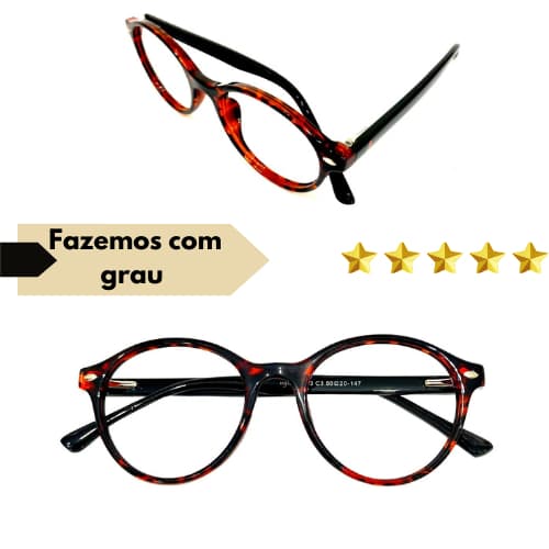 Óculos Completo Armação Acetato Redonda Com Lentes Em Anti Reflexo Com Seu Grau