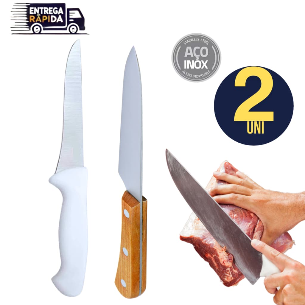 Kit Jogo 02 Facas - Faca Linha Top Chef + Faca Cabo de Madeira Carne Churrasco Variáveis Utilidades  Linha Premium