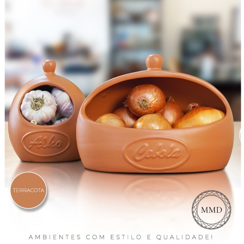 *LANÇAMENTO* Kit Condimentos Cebola Alho Feito em Cerâmica Cozinha Armazenamento Terracota Decoração