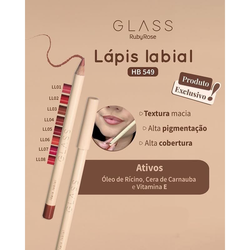 LANÇAMENTO Lápis Labial Linha Glass Apontável Alta Pigmentação by Ruby Rose - HB549