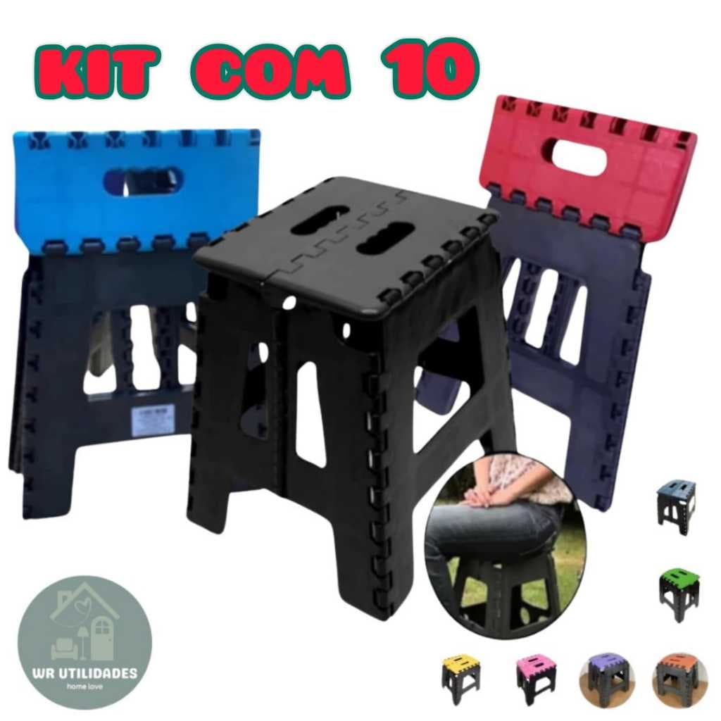 10 Banco Banqueta Banquinho Dobravel Plastico Multiuso Portatil Resistente Compacto Retratil Camping Pesca Ate 100 kg
