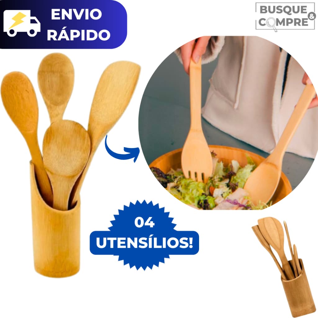 Kit 5 Peças de Bambu 4 Utensilios em Bamboo Colher de Pau Madeira Espatula com Suporte Jogo Cozinha