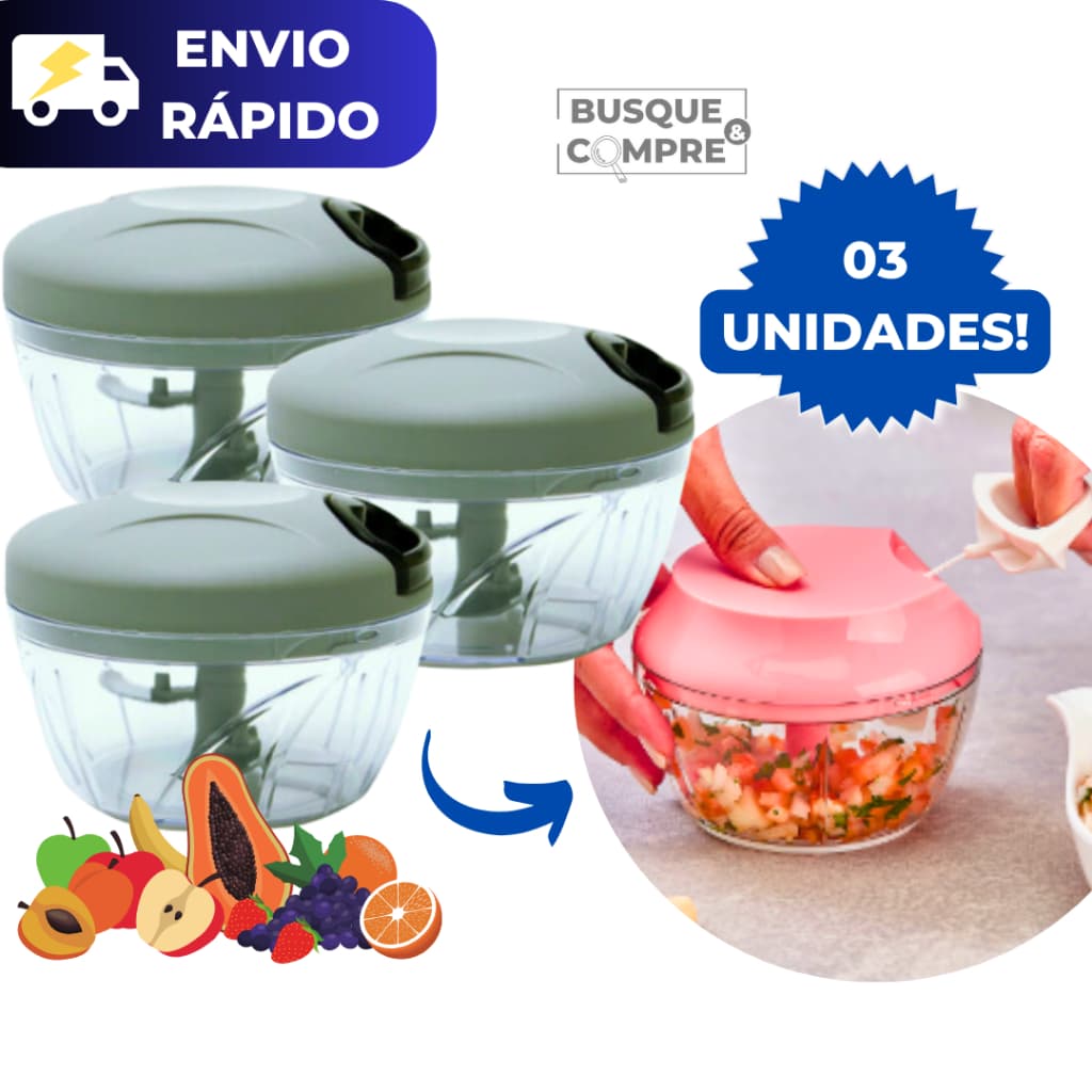 Kit 3 Processadores Triturador de Alimentos Manual Legumes Frutas com 3 Lâminas Multiuso Salada