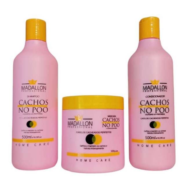 MADALLON Kit Cachos No Poo Tratamento Cabelos Cacheados Shampoo 500ml + Condicionador 500ml + Máscara 500g