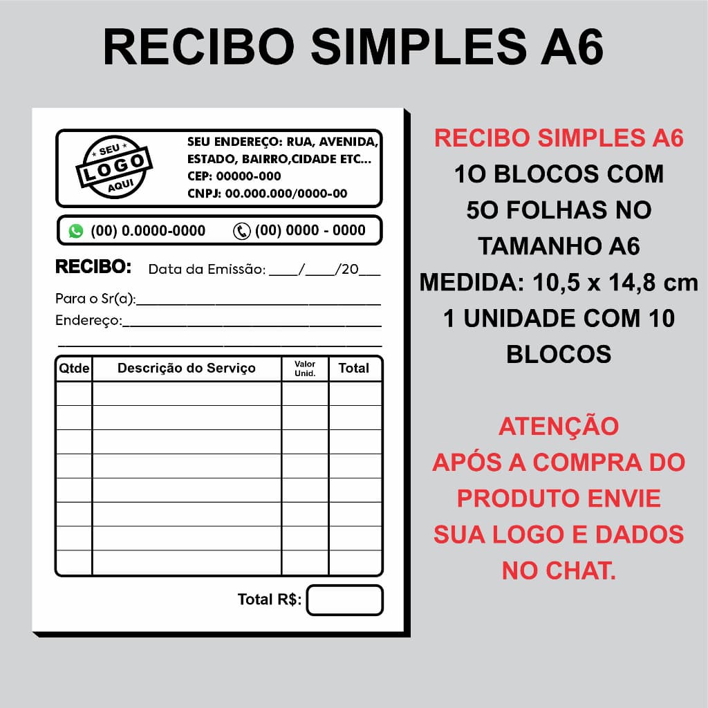 RECIBO SIMPLES TAMANHO A6