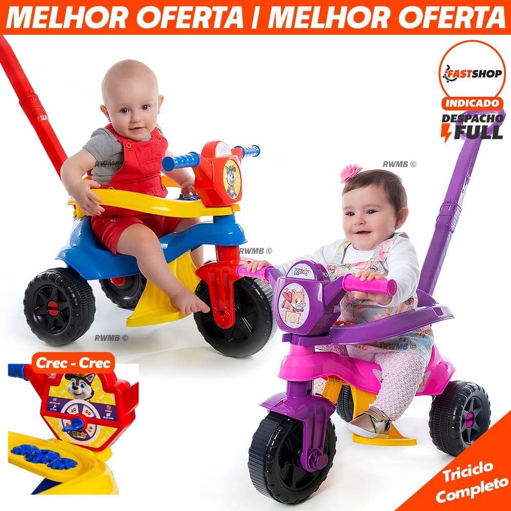 Triciclo Tchuco Kemotoca Velotrol Completo Motoquinha Infantil c/ Haste e Protetor de Corpo Homem Aranha Princesa Disney