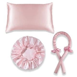 Kit Cetim 1 Touca de Cetim + 1 Fronha de Cetim + 1 Modelador Curling Rod + 2 Xuxinhas Rosa Bebê Cachos Feminino Mulher
