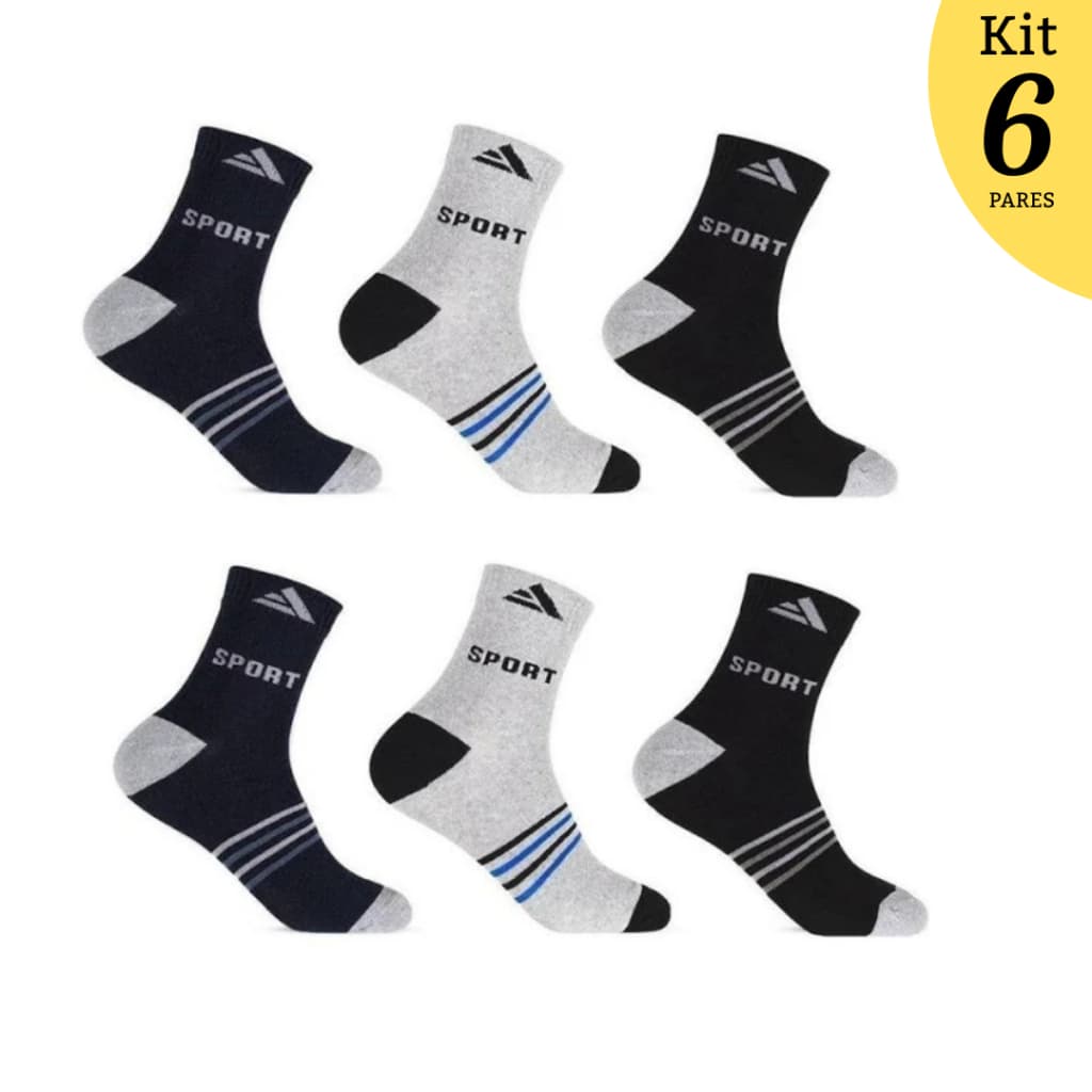Kit Com 6 Pares de Meias Cano Alto Longo Adulto Sortida Esporte Confortável