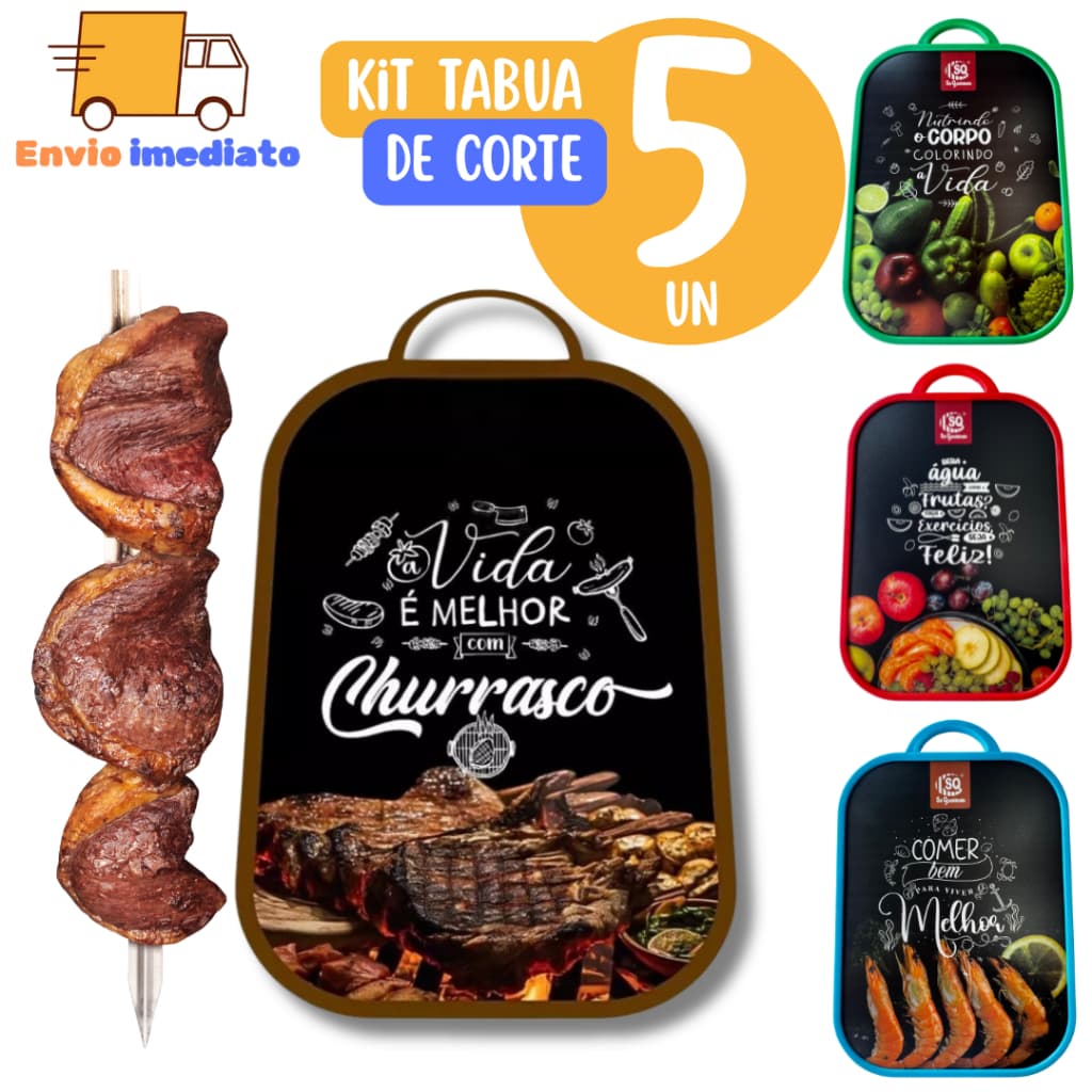 Kit 5 Tabuas de Corte com Alça Ergonômica para Carnes Legumes Frutas para Casa Cozinha Restaurante  Estampas Variadas
