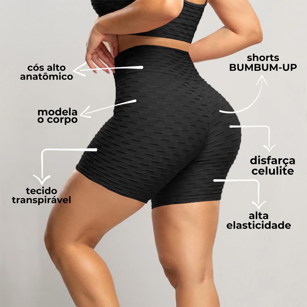 Shorts Legging Feminino Bolha Preto Suplex de Compressão Cós Alto Empina Bumbum 3D Textura Flocada