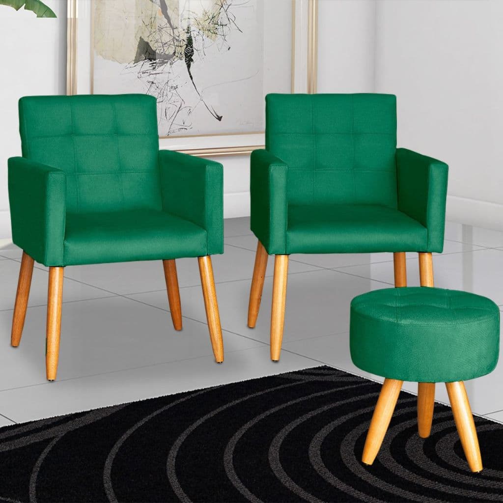 Kit com 2 Poltronas Decorativas com Puff para Sala de estar Recepção Quarto