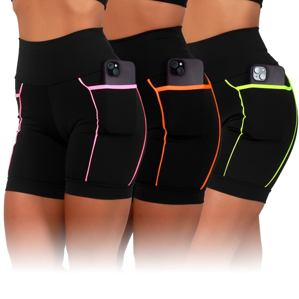 Kit 3 Bermudas Fitness Feminina Com Detalhe Neon Zero Transparencia