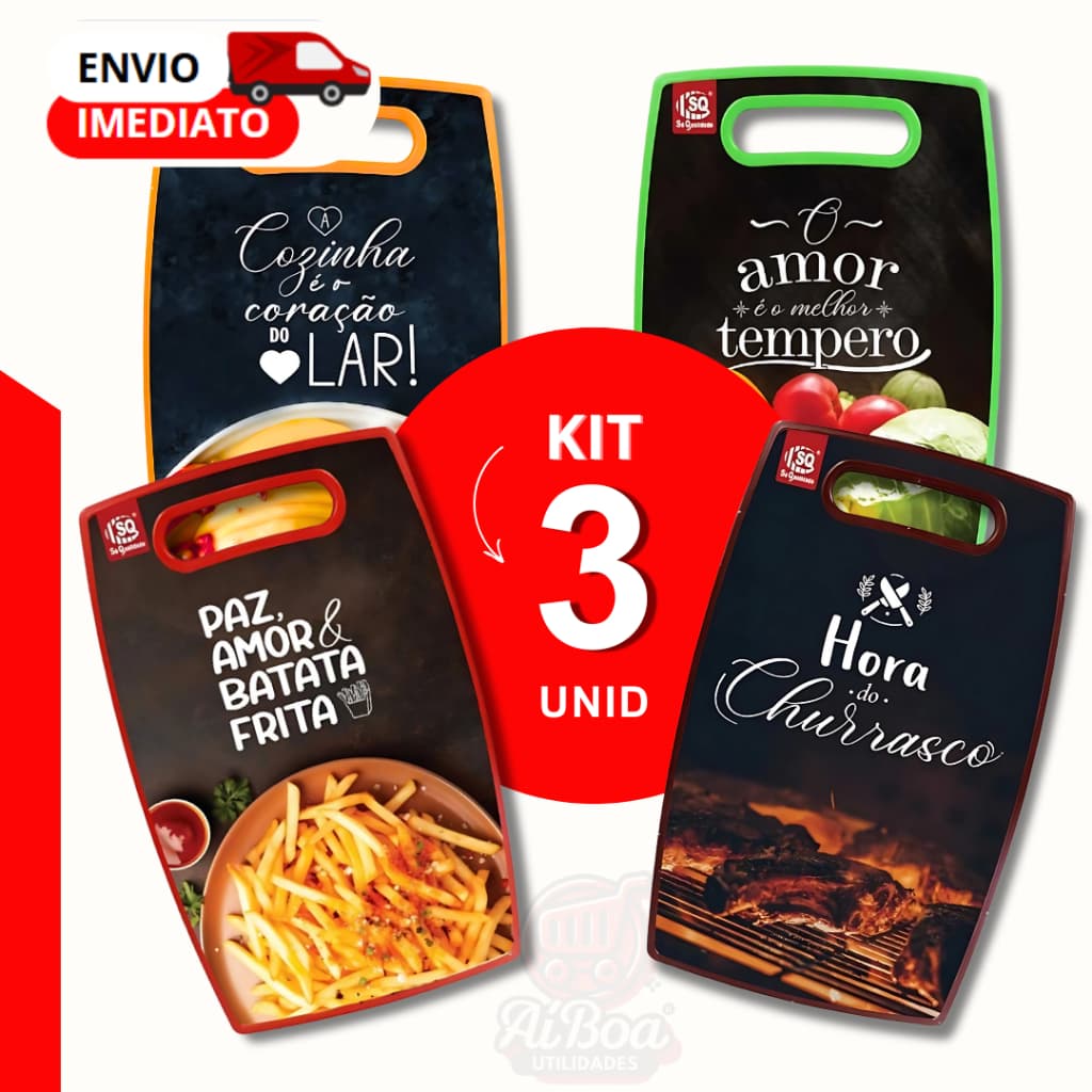 Kit 3 ou 1 Tábua de Corte para Alimentos e Carne com Estampas Variadas Resistente Cozinha Churrasco Legumes