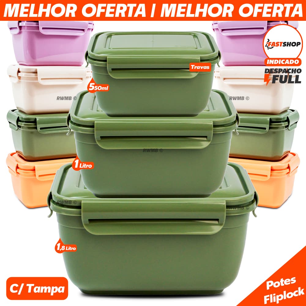 Kit 9 Potes Plástico Fliplock Pote C/ Tampa Trava Hermética Organizador Organizador de Marmita Vai ao Freezer e Forno