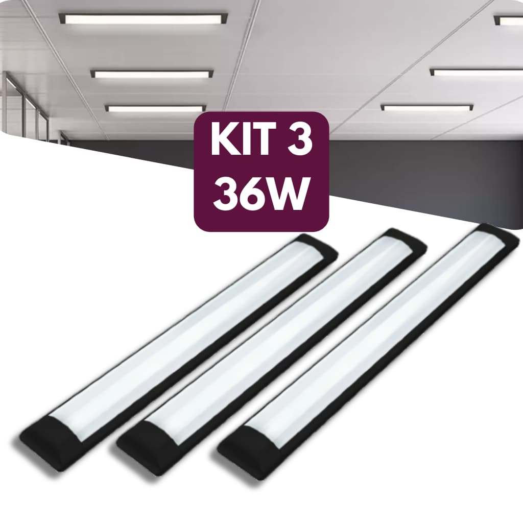 Kit 3 Luminária Slim Tubular Led 36w  Preto 120CM Branco Frio 6500K Bivolt 110v/220v