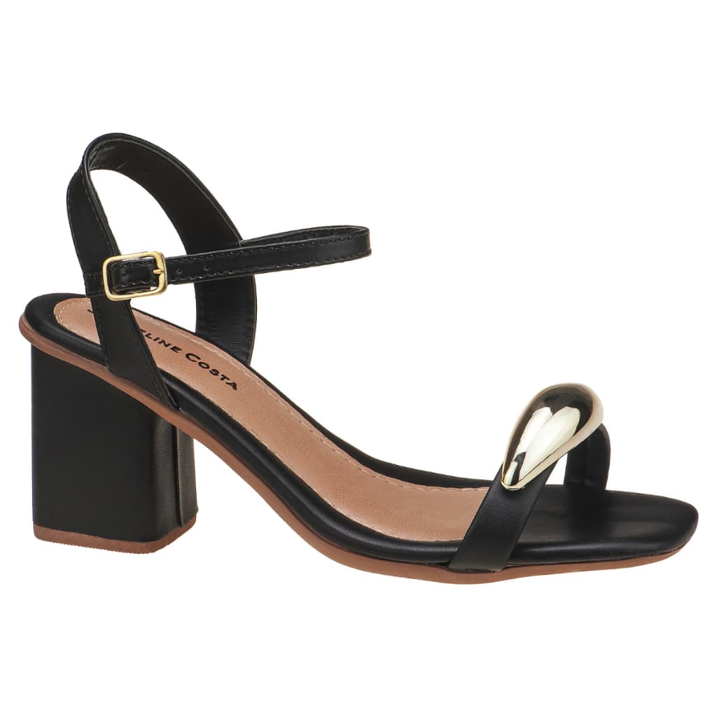 Sandália Feminina Salto Bloco Enfeite ABS Lesma Dourado Tendência Moda Festa Hope Shoes Moderno
