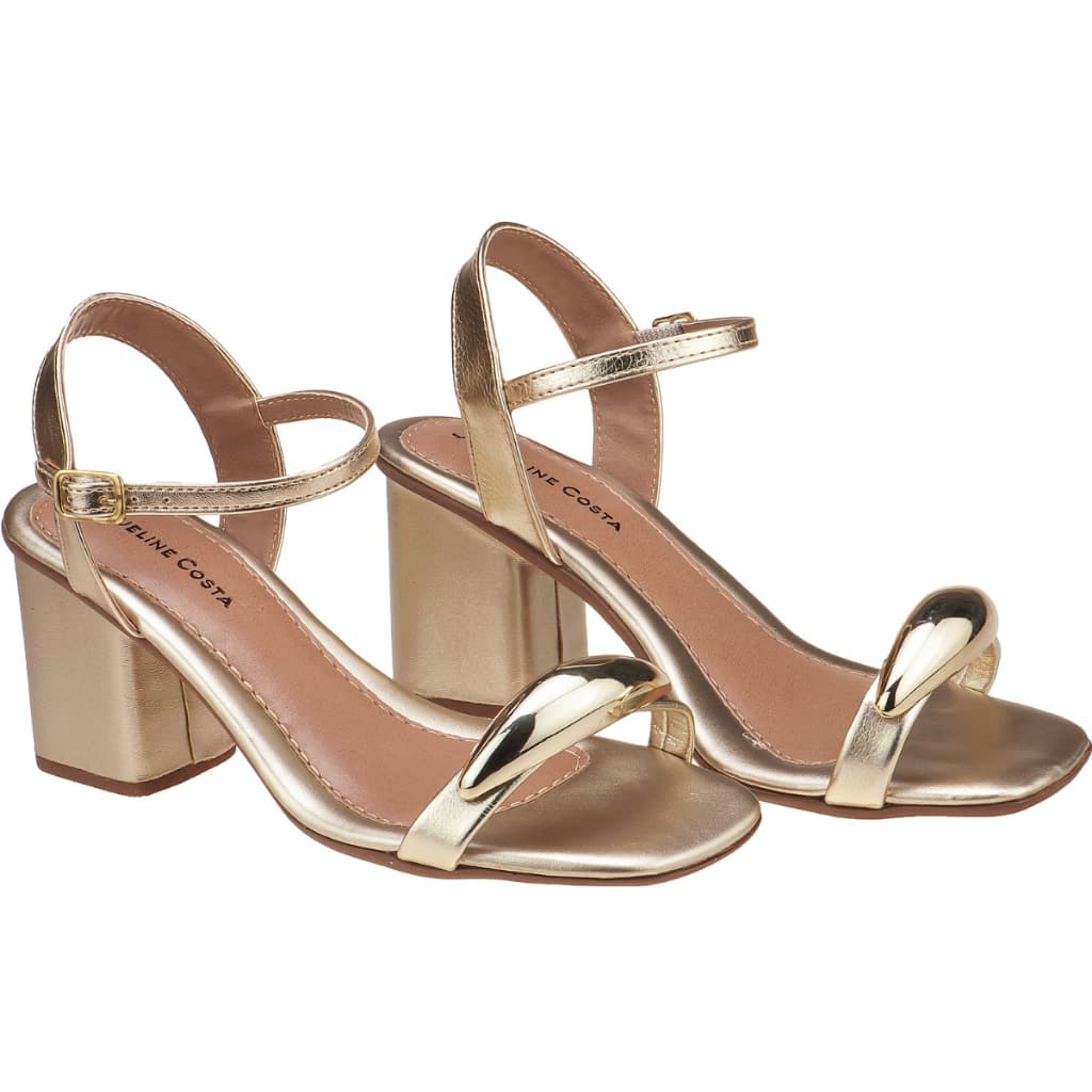 Sandalia Feminina Salto Baixo Bloco Detalhe ABS Dourado Luxo Festa Jaqueline Costa