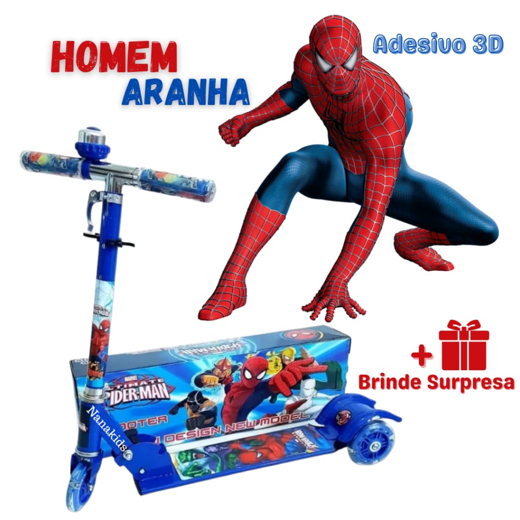 Patinete Azul Infantil Spiderman Menino Homem Aranha 3 D Dobrável de Ferro Com Led Nas 3 Rodas Buzina + Surpresa