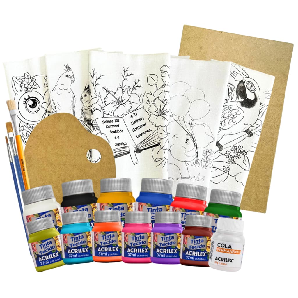 Kit Pintura Pano De Prato Tinta Tecido Acrilex Pinceis Cola