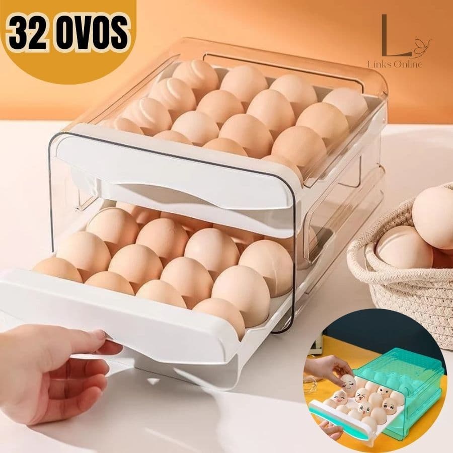 Gaveteiro Duplo em Plástico Tipo Porta 32 Ovos para Cozinha Geladeira