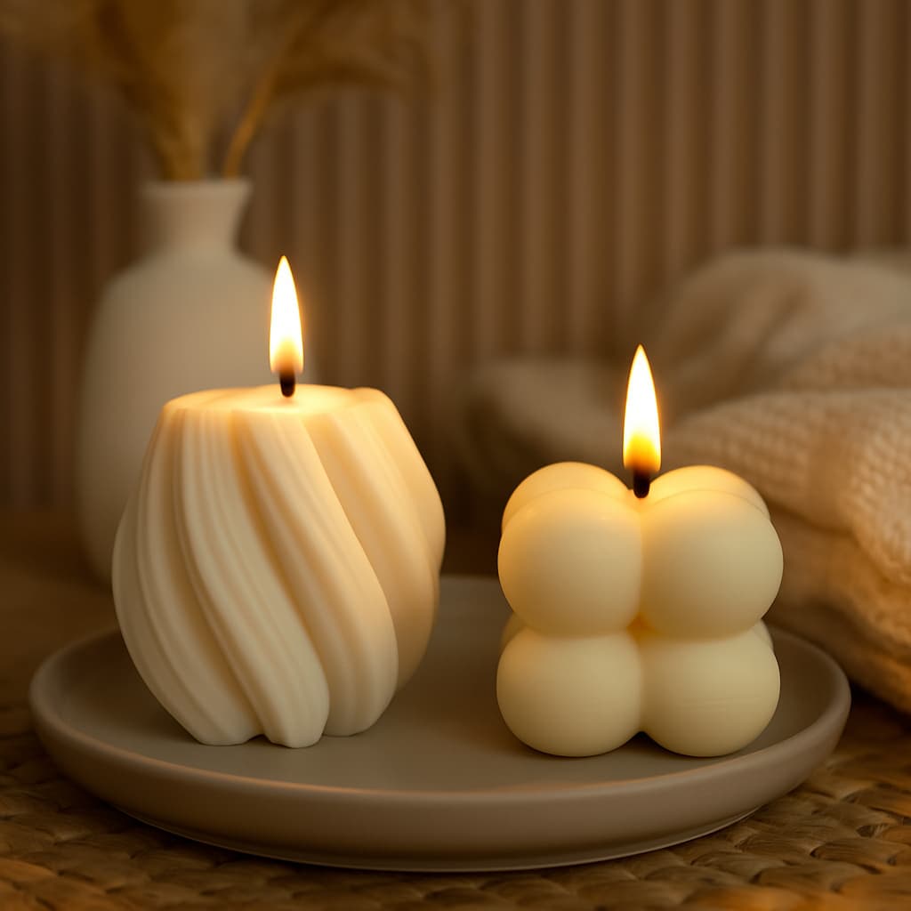 Kit com 2 Velas Decorativas – 1Mini Espiral Geométrica 55g + 1Mini Bubble 30g | (Branca)