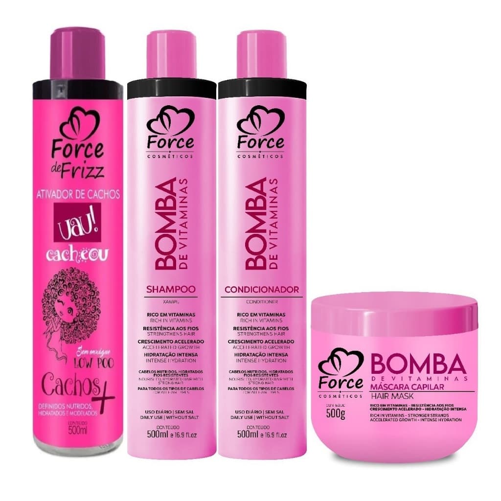 Kit Nutrição Capilar Bomba de Vitaminas + Ativador de Cachos Uau 500ml - Force Cosméticos
