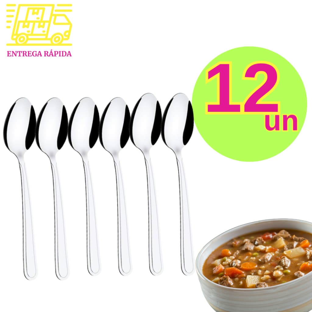 Kit 12 Colheres Grande de Mesa Sopa Inox Premium 21cm Multiuso Cozinha para Casa Restaurantes Buffet