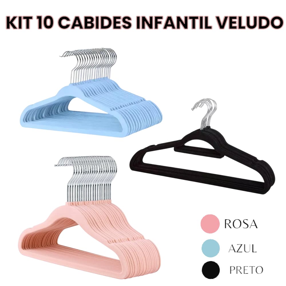 Kit 10 Cabide Infantil Veludo Ultra Slim Fino e Reforçado Não Escorrega