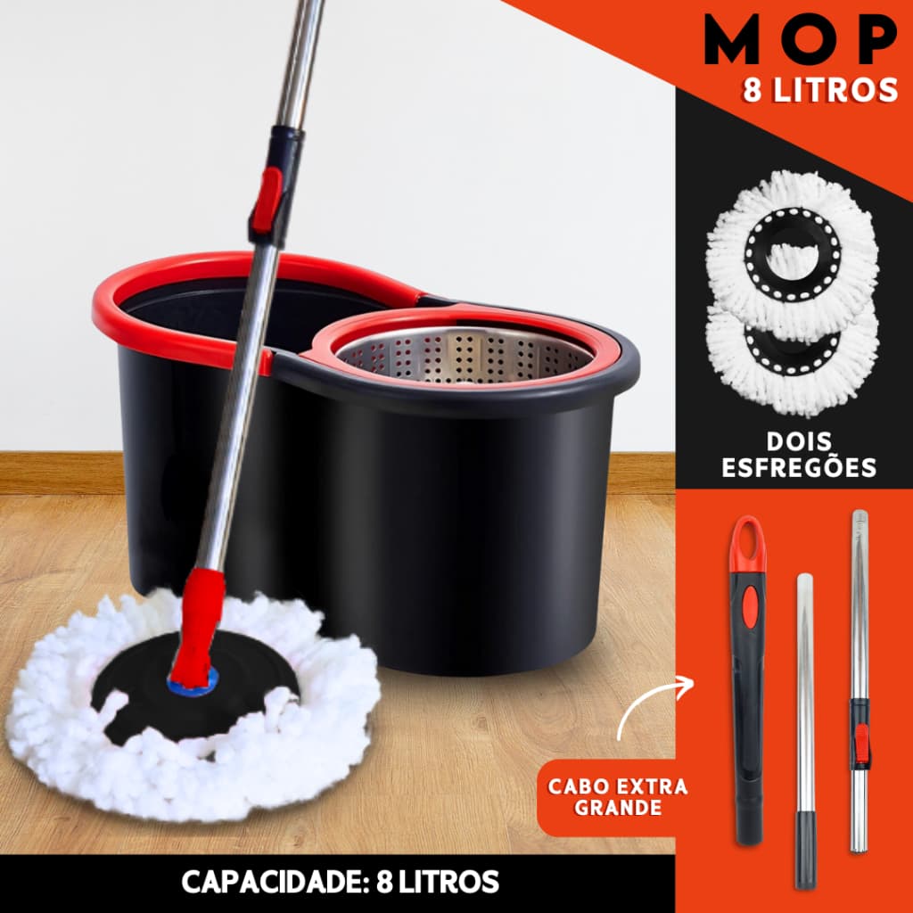 Mop C/ Cabo de 140 cm + 2 Refis - 8 Litros Cesto Em Inox - Balde Centrífuga - BNVT