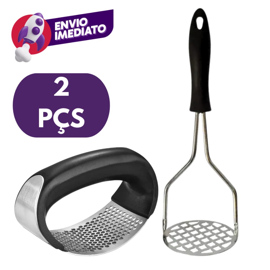Kit 02 Itens: Amassador Espremedor Triturador Alho E Amassador Batatas Inox Esmagador Manual