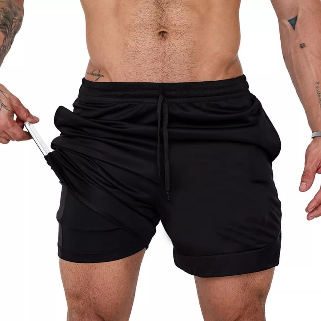 Bermuda Short 2 Em 1 Masculino Dry Fit Com Bolso Para Celular Academia Treino CrossFit