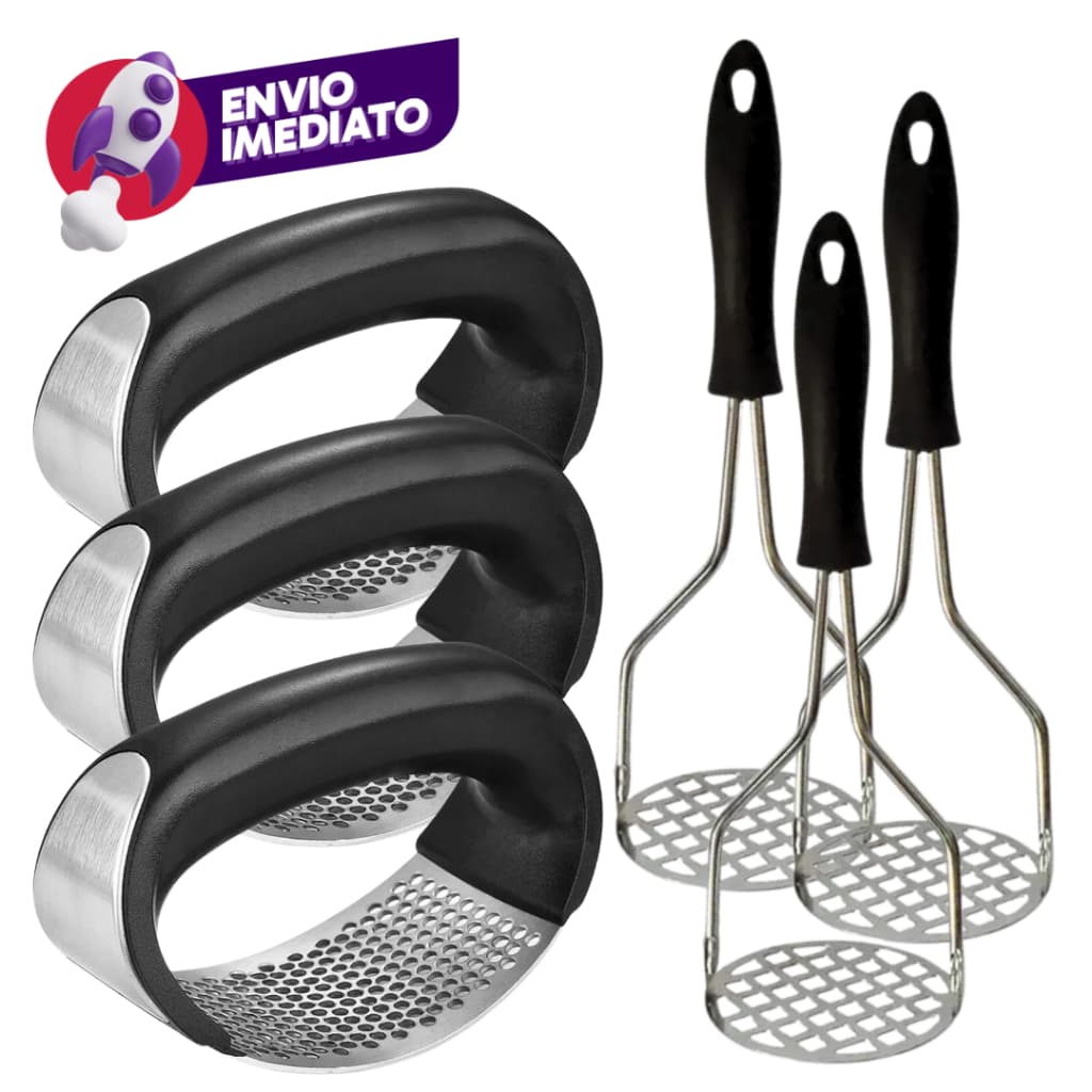 Kit Amassador Espremedor Triturador Alho E Amassador Batatas Inox Esmagador Manual C/02, 04 Ou 6Un