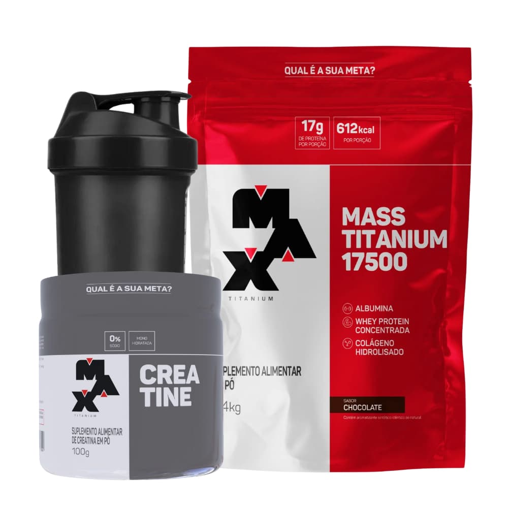 Kit Hipercalórico Refil 1,4 kg Max +Creatina Pura 100g Max Titanium+ Coqueteleira