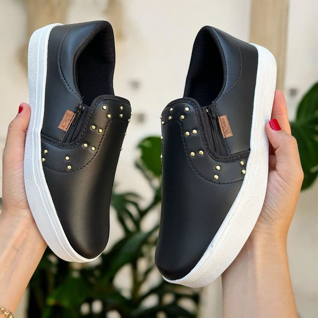 Tênis Feminino Sapatilha Slip On Com Ziper Macio Confortável Estiloso Iate Casual Sapatenis