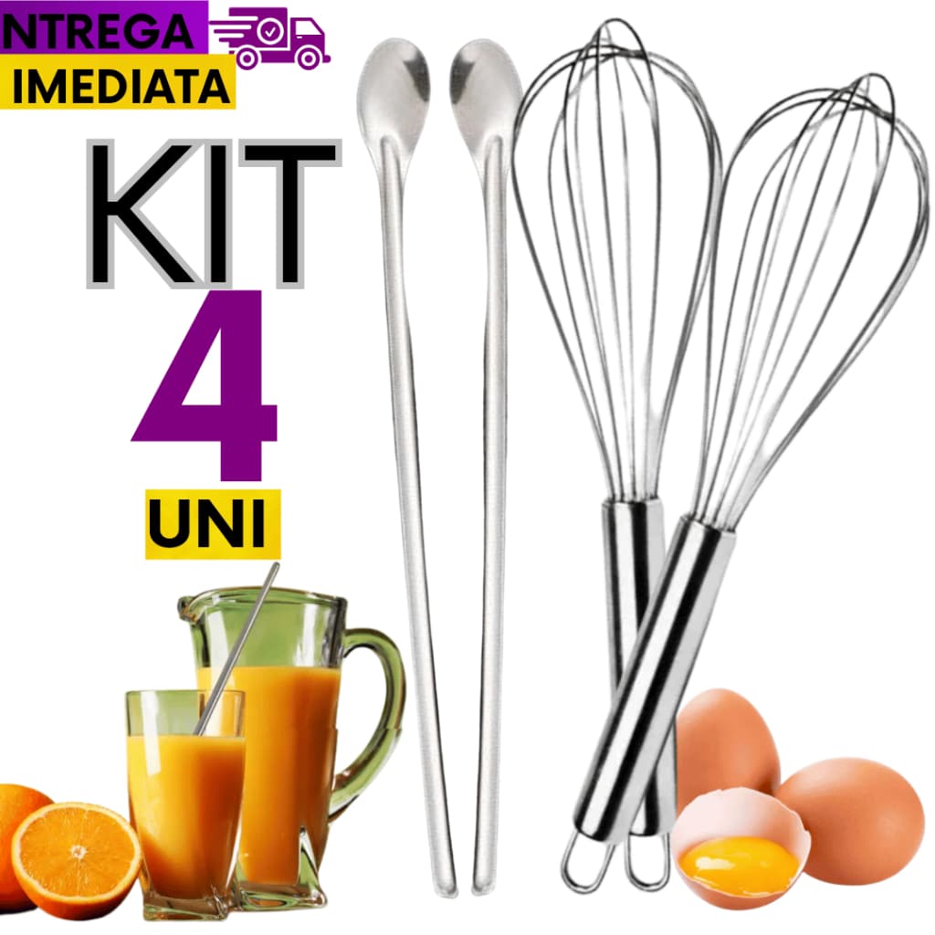 4 Unidades - 02 Fue Fuet Batedor de Ovos Linha Inox + 02 Colher Colheres Para Suco 30cm Resistente Alta Qualidade Casa