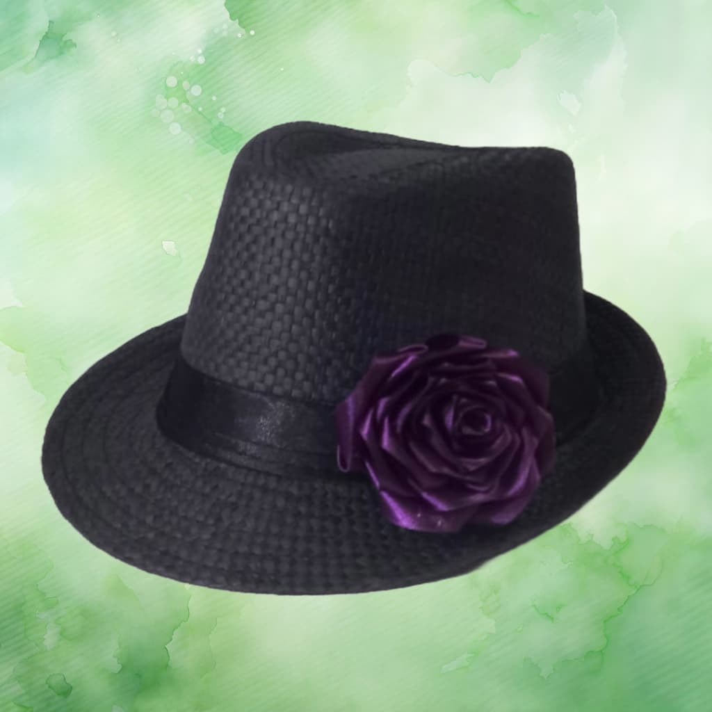 CHAPÉU POMBOGIRA - PRETO COM FITA PRETA E FLOR ROXA - MODELO PANAMÁ