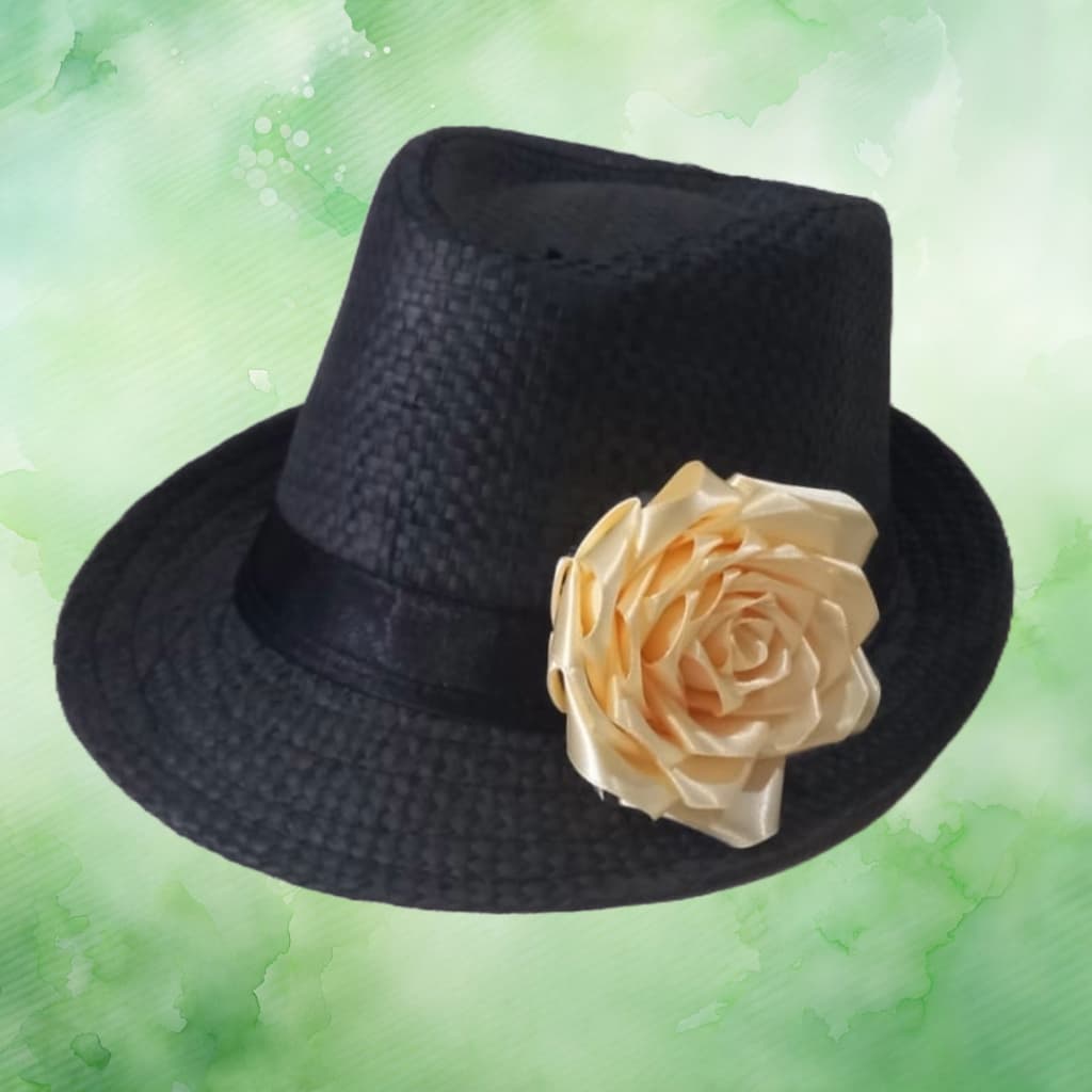 CHAPÉU POMBOGIRA - PRETO COM FITA PRETA E FLOR CHAMPANHE - MODELO PANAMÁ