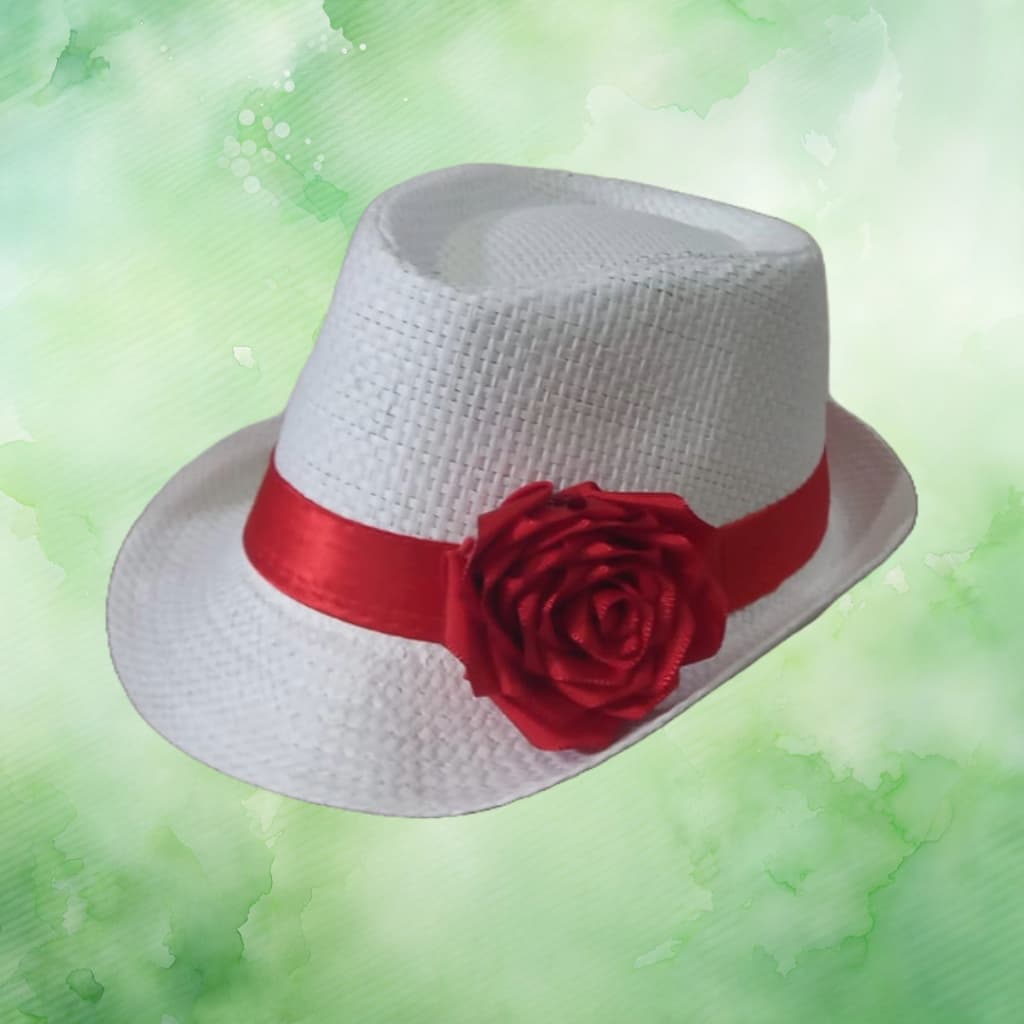 CHAPÉU MARIA NAVALHA - BRANCO COM FITA E FLOR VERMELHA - MODELO PANAMÁ