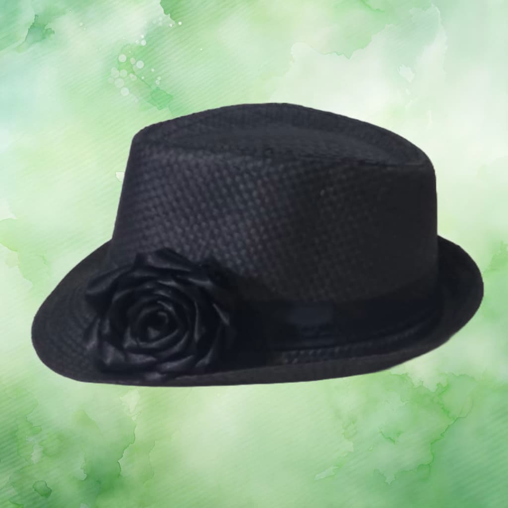 CHAPÉU POMBOGIRA - PRETO COM FITA E FLOR PRETOS - MODELO PANAMÁ