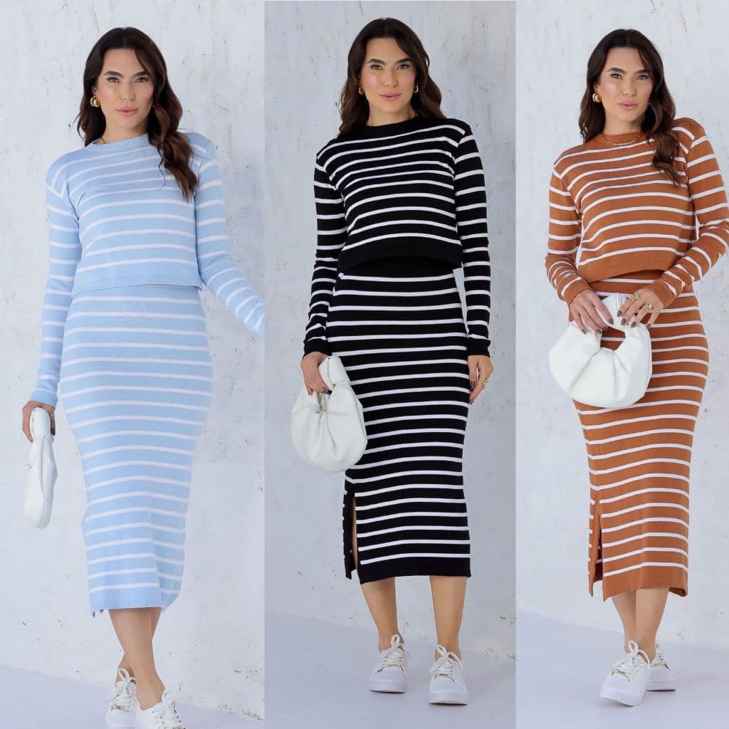 Conjunto listrado de 2pc ( blusa +saia longo), tecido modal ,Dia das Mães, tamanho único 36 até 40