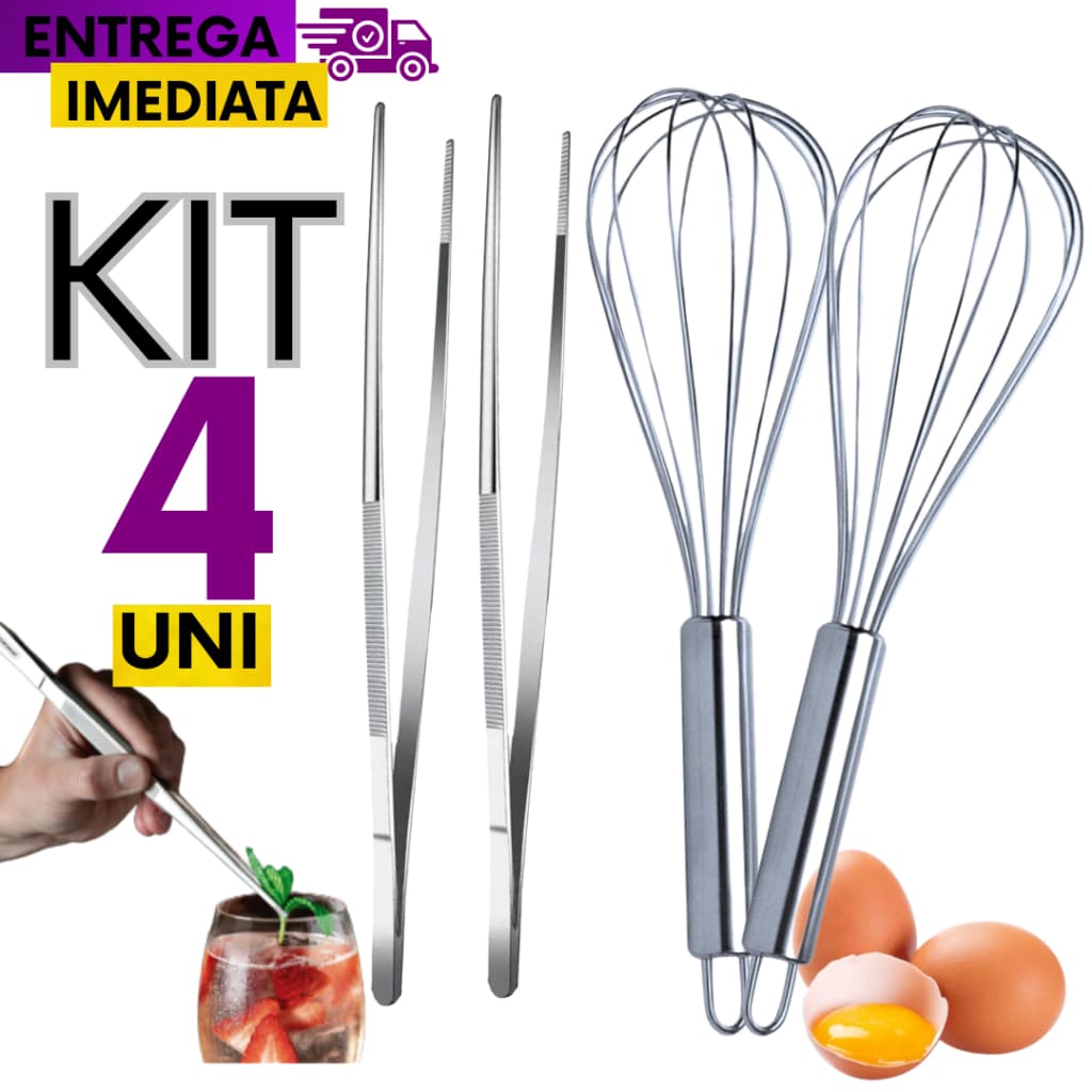 Kit 04 - 02 Pinça Culinária Variáveis Utilidades 2 Fue Fuet Batedor de Ovos Inox Alta Qualidade Casa Cozinha Confeitaria