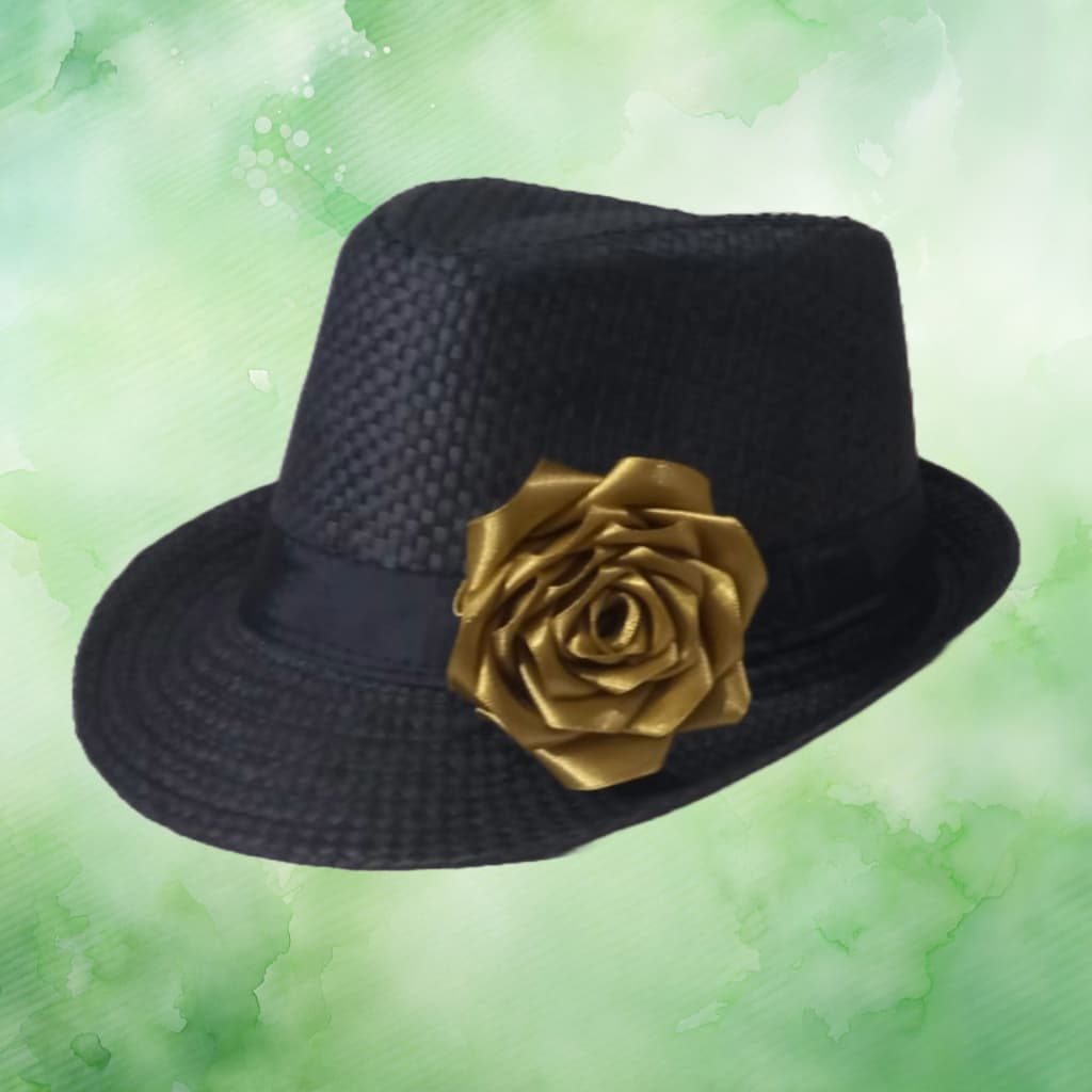 CHAPÉU POMBOGIRA - PRETO COM FITA PRETA E FLOR DOURADA - MODELO PANAMÁ