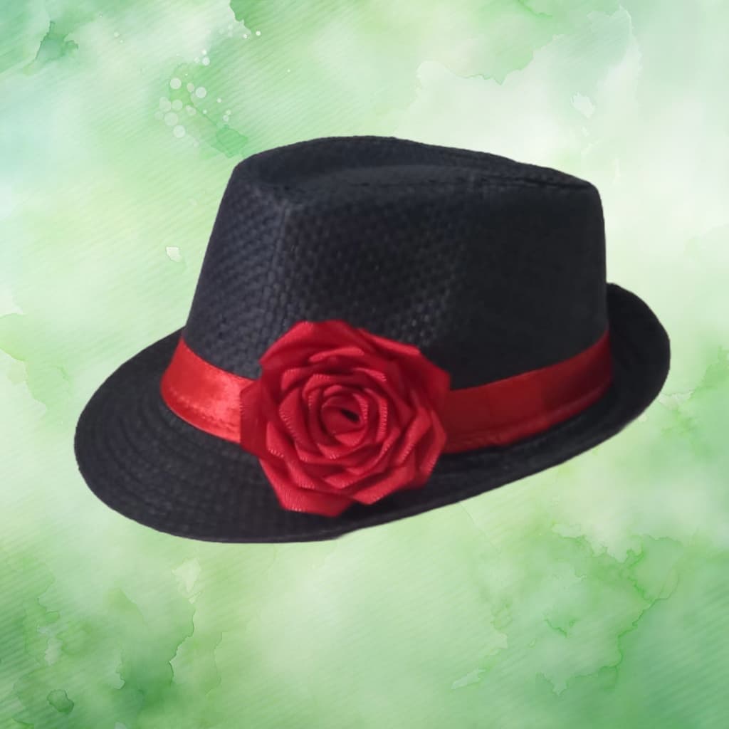 CHAPÉU POMBOGIRA - PRETO COM FITA E FLOR VERMELHA - MODELO PANAMÁ
